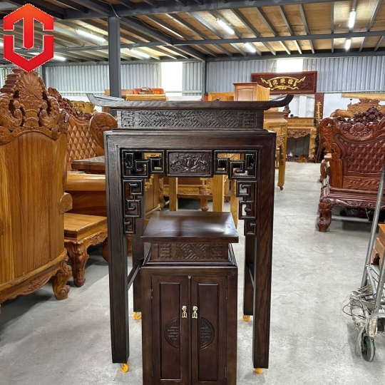 BÀN CÚNG SỒI 89CM CHẠM SEN MÀU ÓC CHÓ